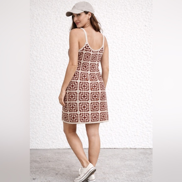 Willow & Wind Granny Square Crochet Mini Dress Medium Boho Festival Brown White - Picture 3 of 13